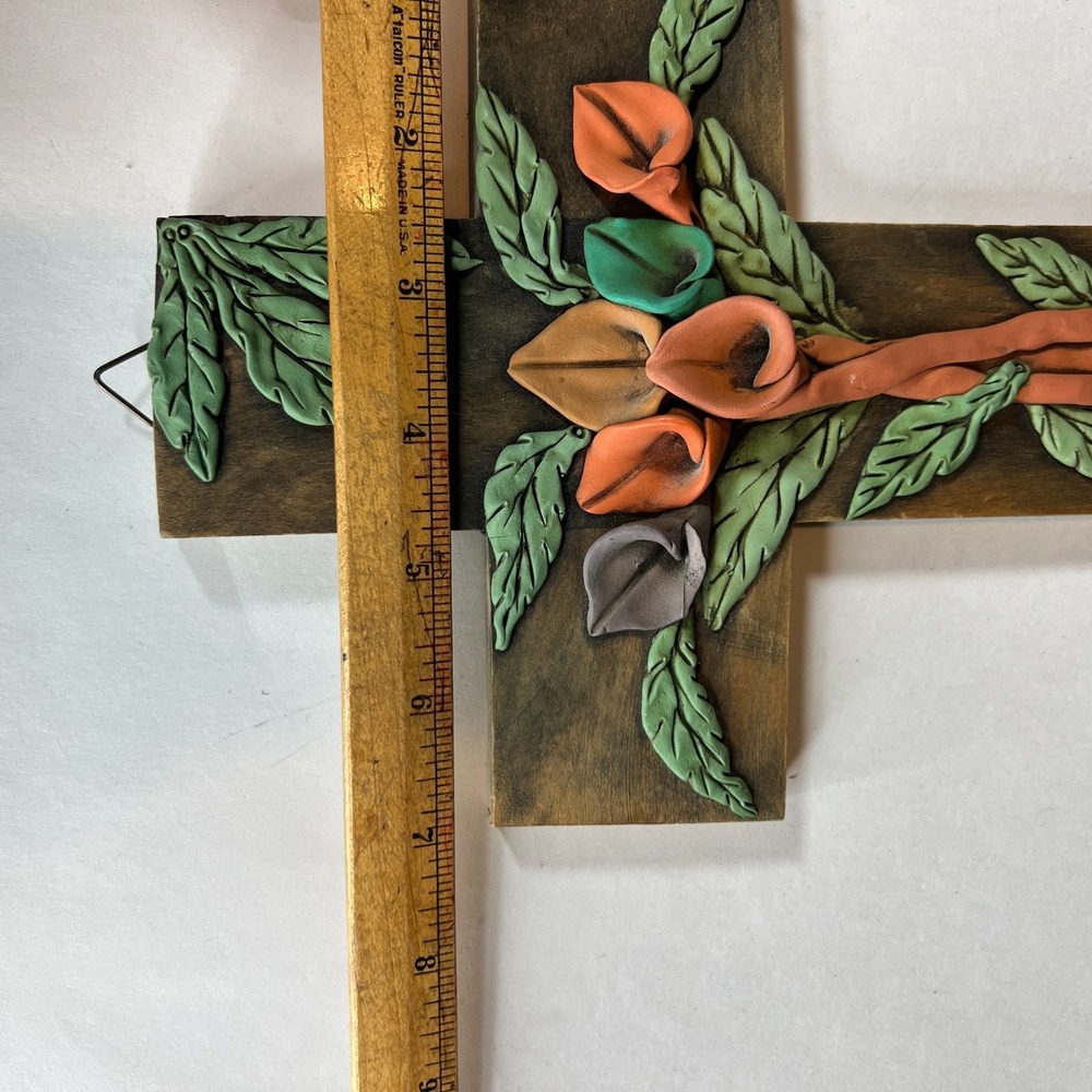 Handmade Wooden Floral Wall Cross Clay Flowers Rustic Folk Art Decor 12" x  7" - Picture 7 of 7